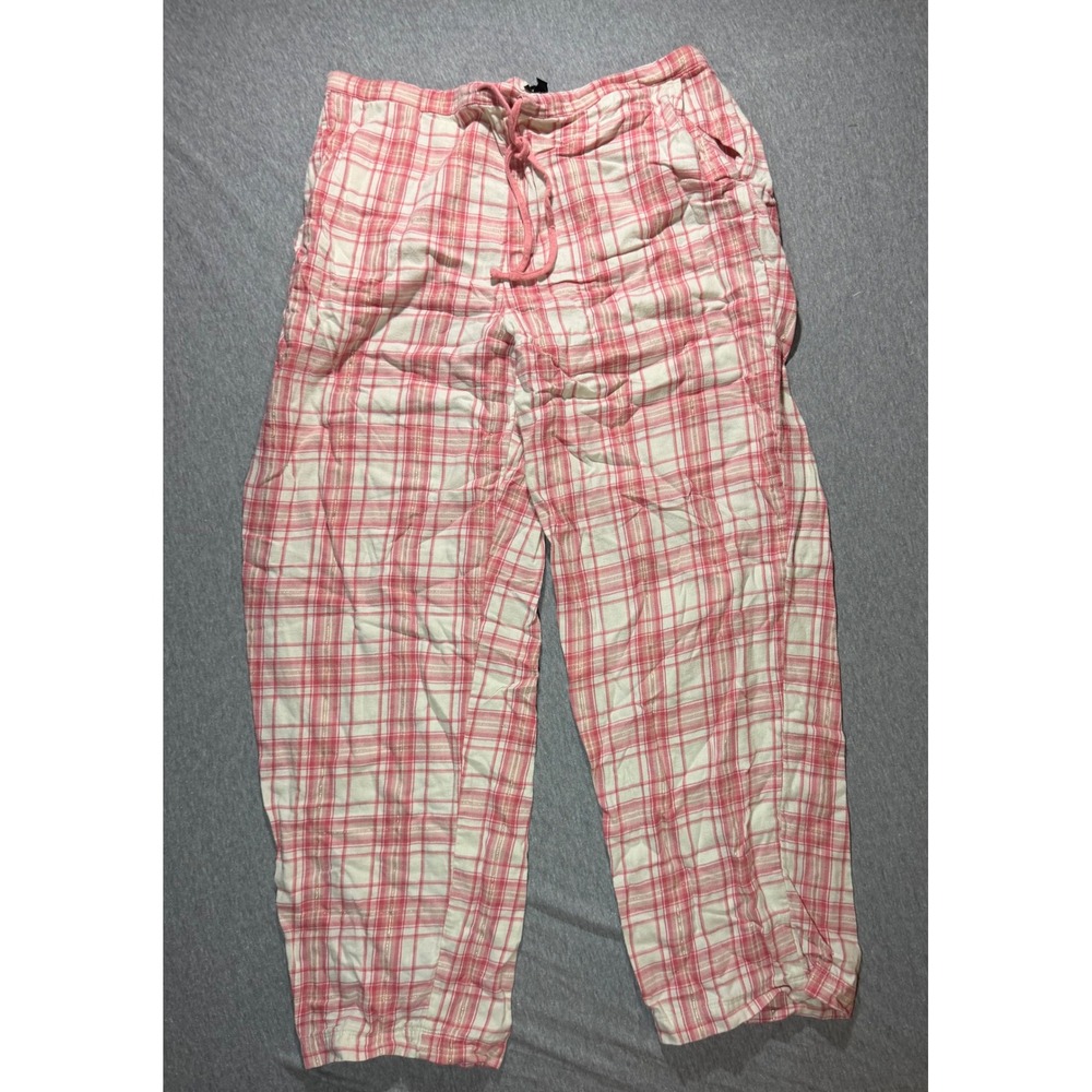 Talbots Pink Plaid Metallic Gold Thread Pajama Pants L Drawstring Cotton Lounge